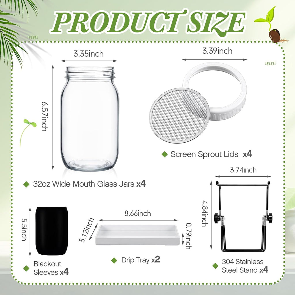LemonRoad 18 Pcs Seed Sprouting Kit with 1000 ml Mason Jars and Blackout Sleeve, Separate Bracket 316 Stainless Steel