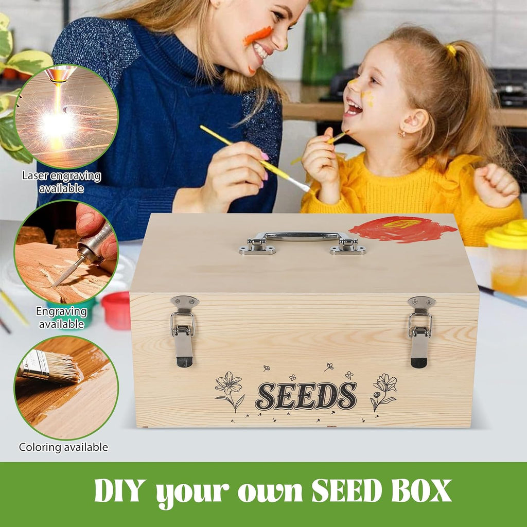 13.1”×7.7”×6” Wood Seed Storage Box 60pcs Seed Envelopes Fluorescent Index Tabs Seed Saving Organizer Box with