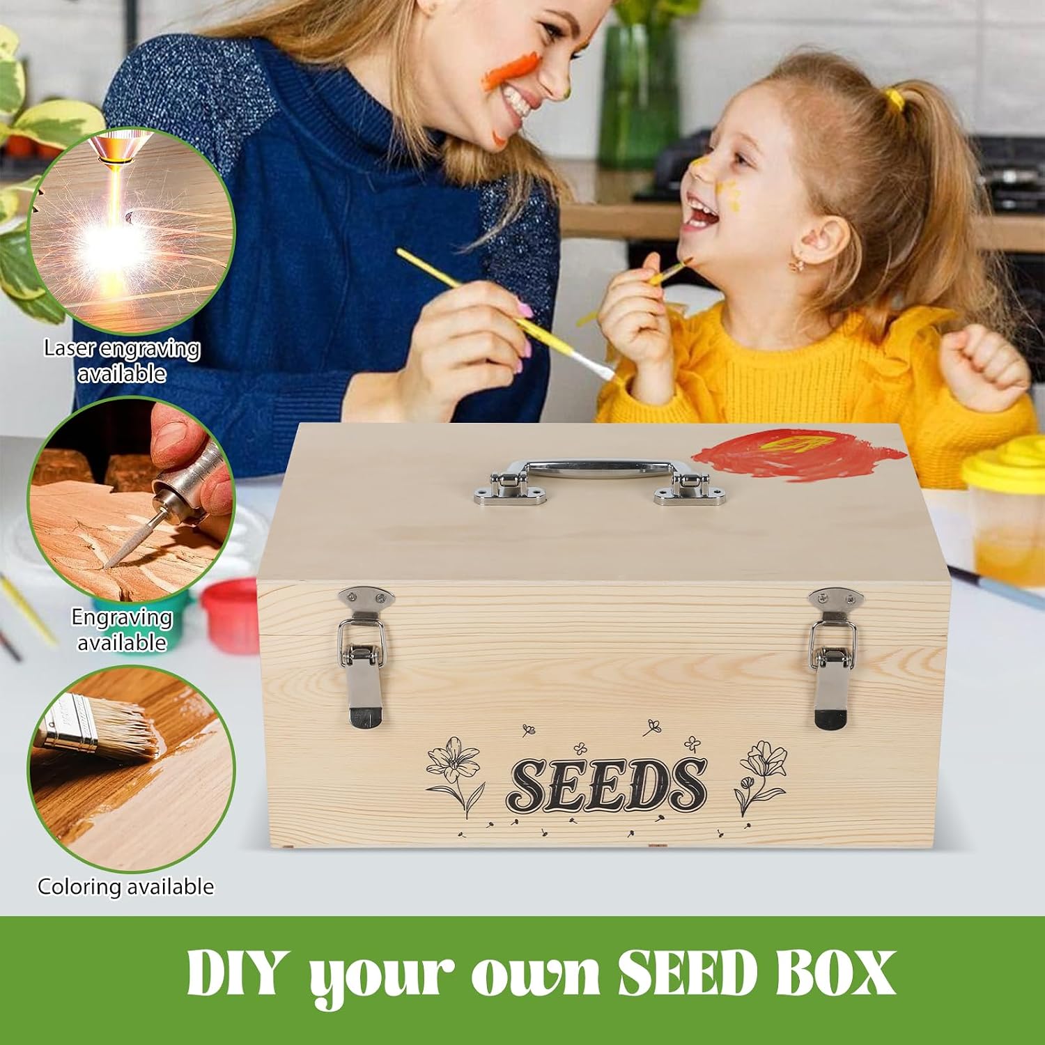 13.1”×7.7”×6” Wood Seed Storage Box 60pcs Seed Envelopes Fluorescent Index Tabs Seed Saving Organizer Box with