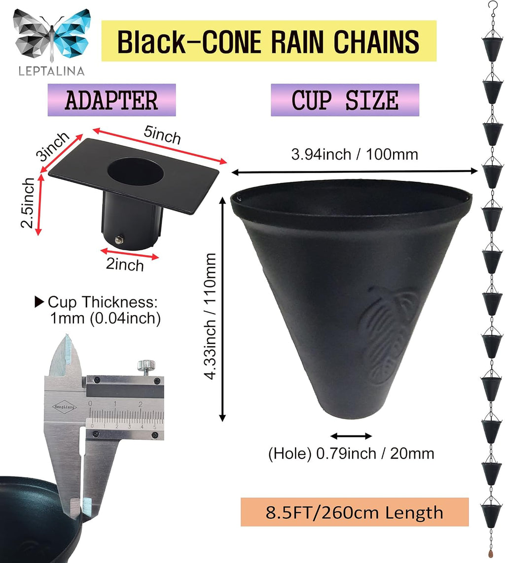 8.5FT Cone Iron Rain Chain for Gutters and Rain Barrel+Adapter, Black | Rain Chains for Downspout, Rust-Prevent Plated