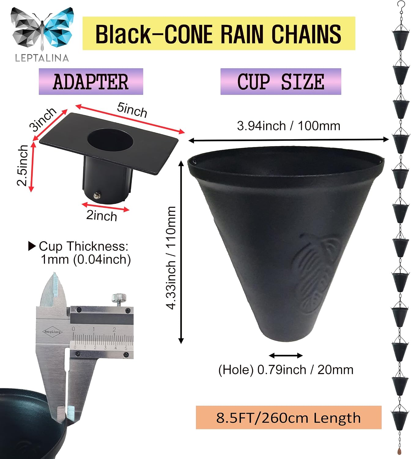 8.5FT Cone Iron Rain Chain for Gutters and Rain Barrel+Adapter, Black | Rain Chains for Downspout, Rust-Prevent Plated