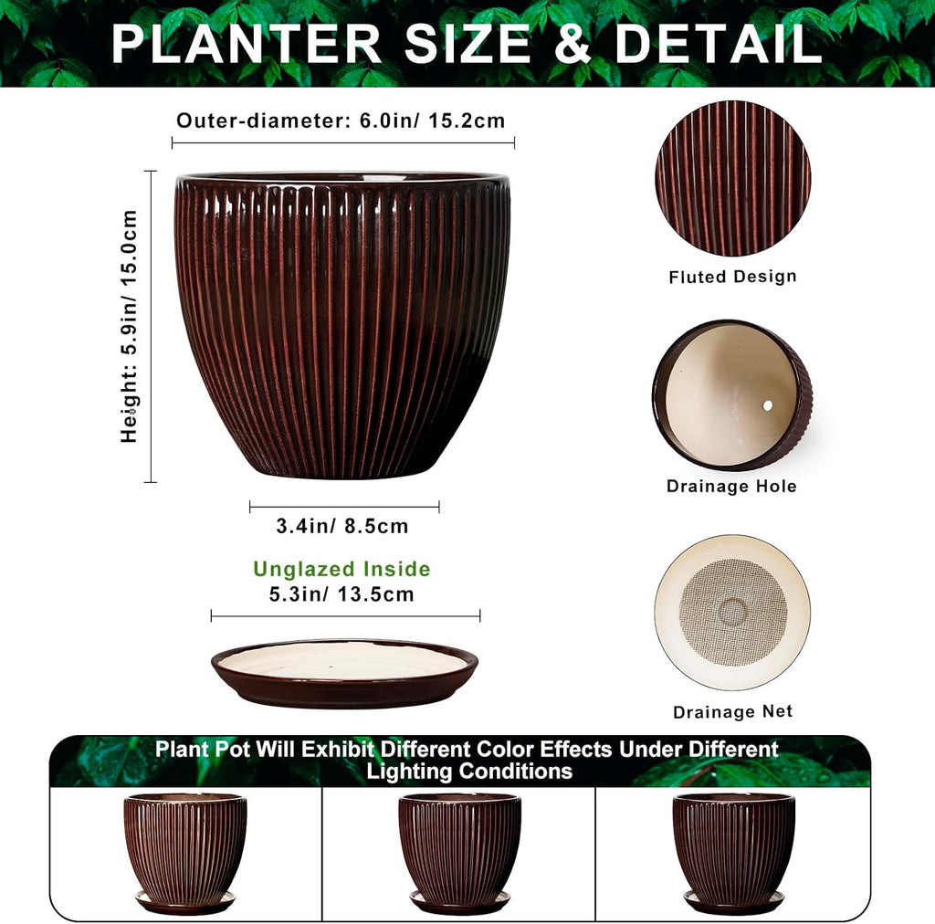 6 Inch Planter, Ceramic Plant Pots Indoor with Drainage Hole and Saucer, Round Flower Orchid Pots for Indoor Plants