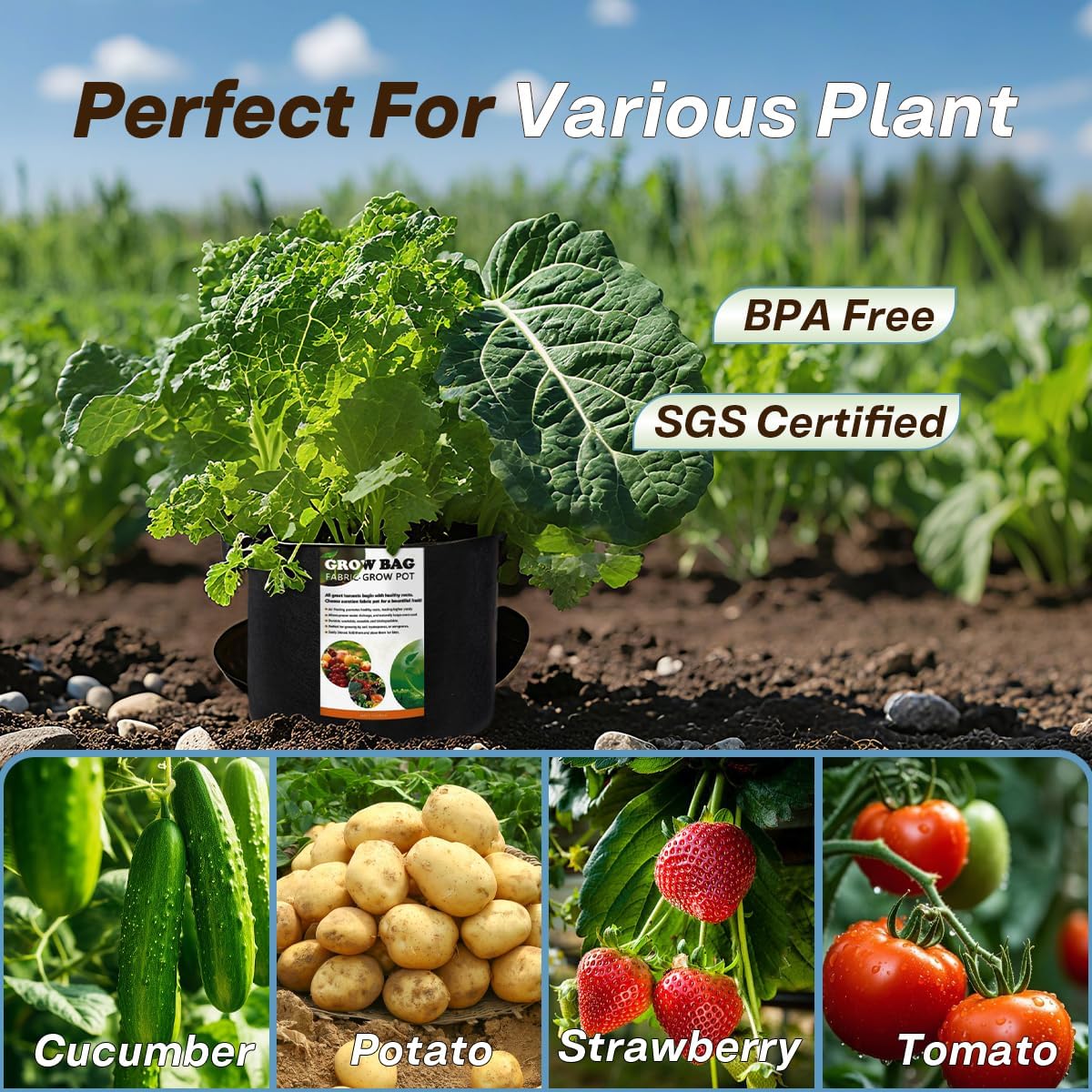 10 Pack 7 Gallon Grow Bags, Heavy-Duty 300G Thickened Non-Woven Fabric Pots with Handles for Potatoes, Mushrooms
