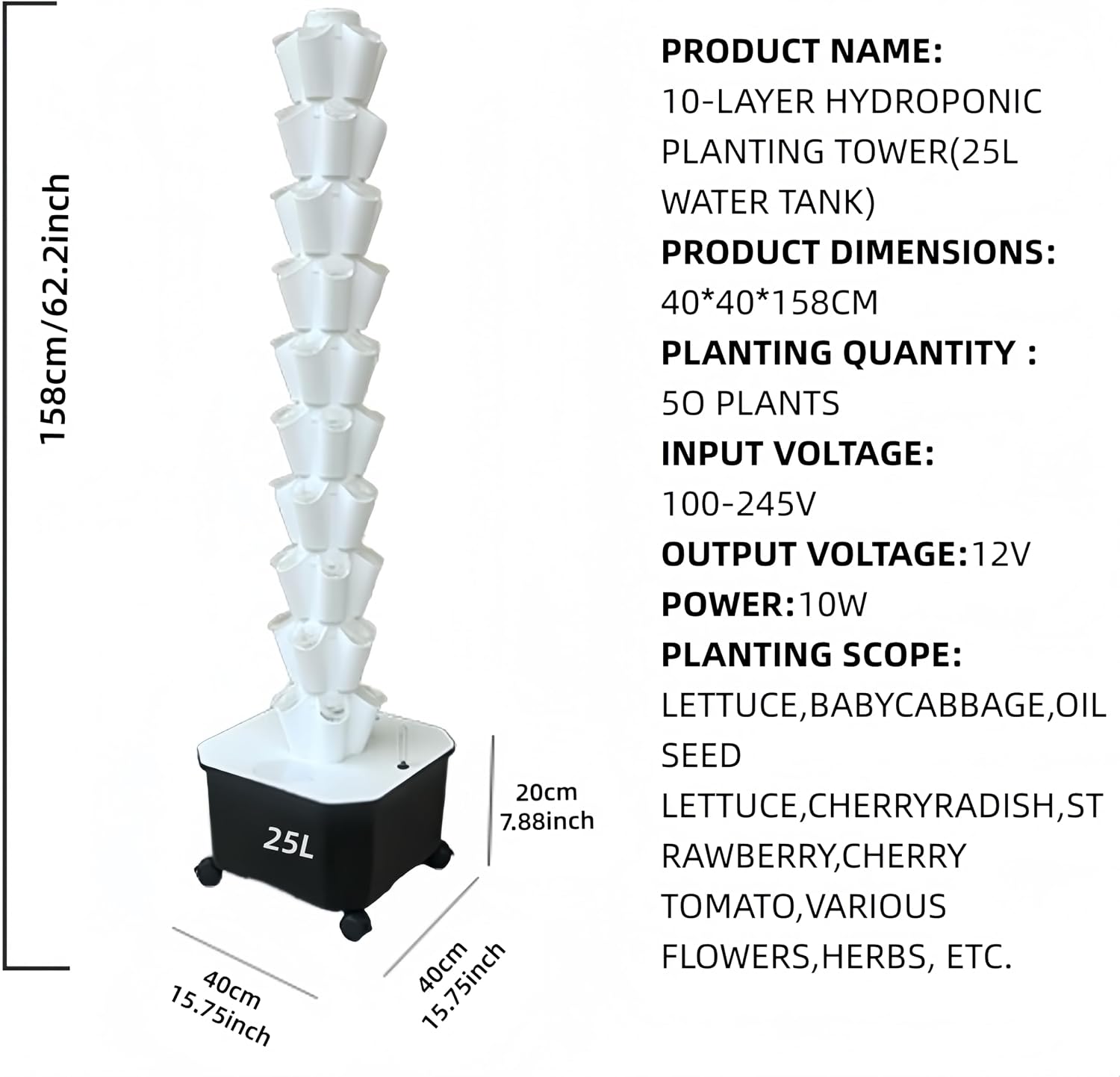 TIRUSSS Hydroponic Growing System Kit, Aeroponic Tower 50 Hole Garden Vertical Vegetable Planting System with Pump and