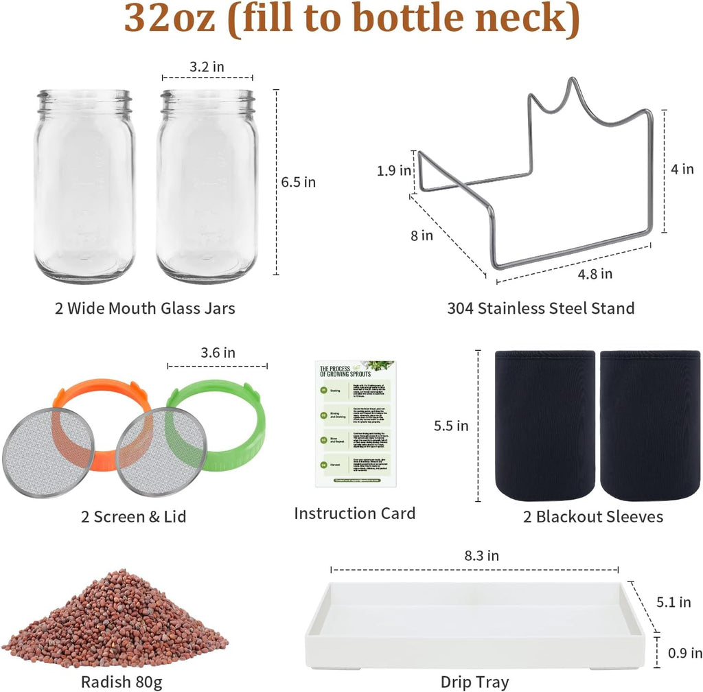 Seed Sprouting Kit with Radish 80g, 2 Large Wide Mouth Mason Jars with Sprout Lids, Blackout Sleeves, Drain Tray