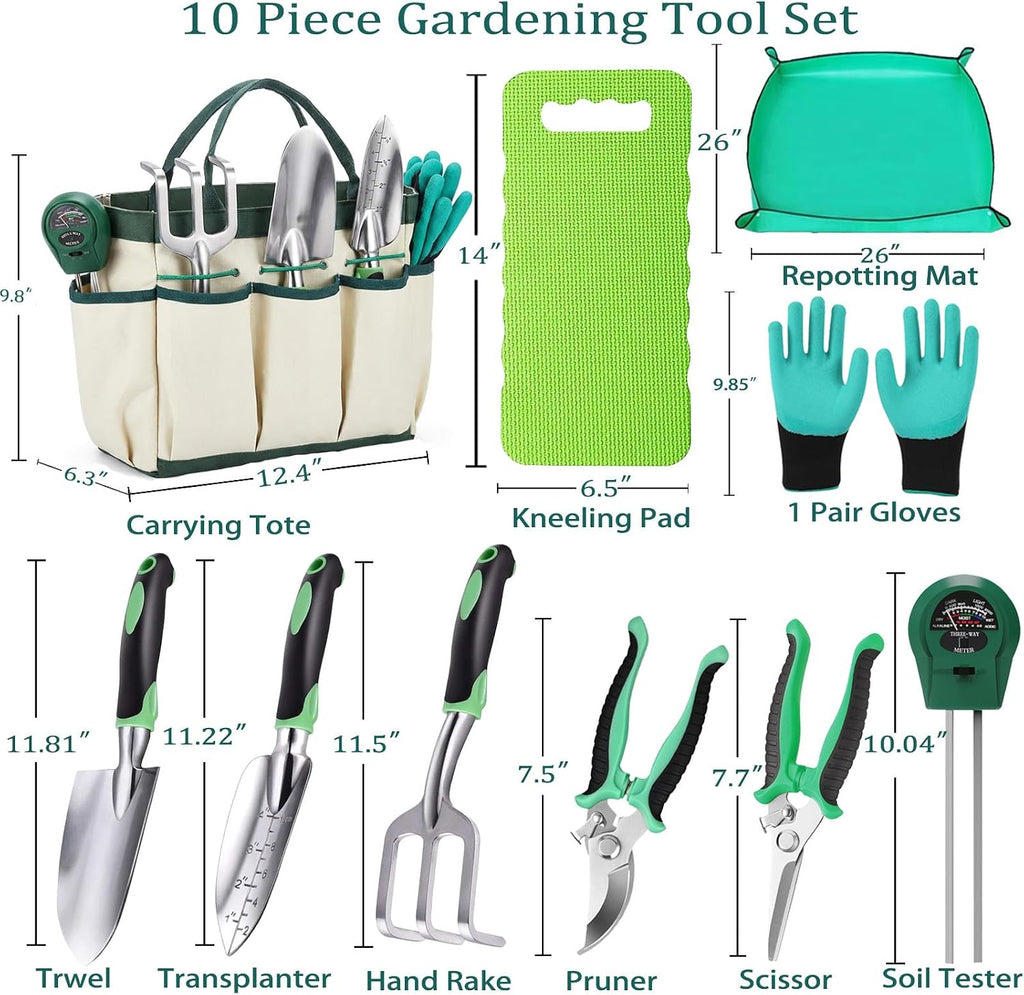 10PCS Heavy-Duty Garden Tools Set for Beginners - Rust-Proof Aluminum Garden Kit with Soil Tester, Repotting Mat &