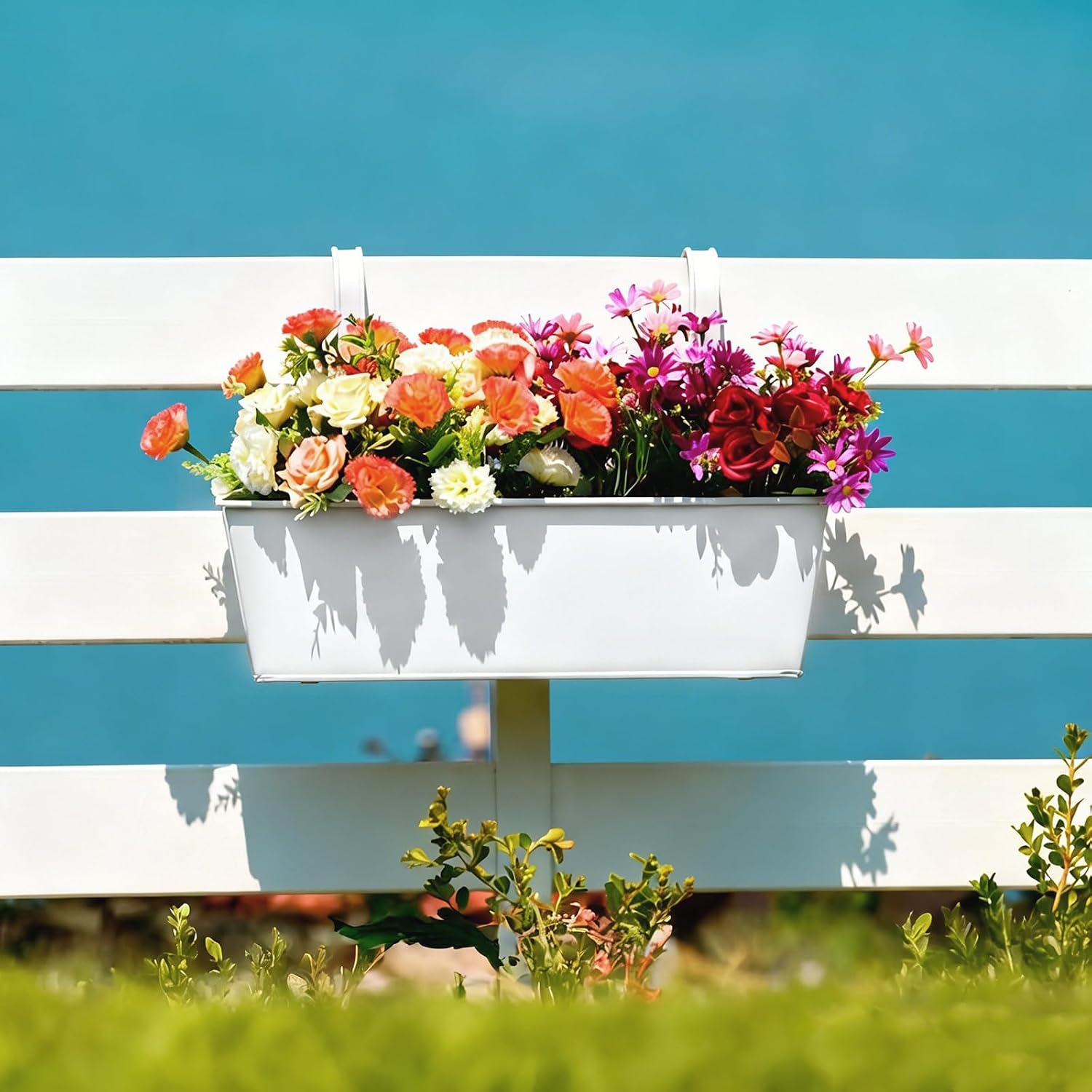 3 Pack Metal Railing Planters, 16 Inch Large Rectangular Hanging Flower Pots with Detachable Hooks & Drainage Holes