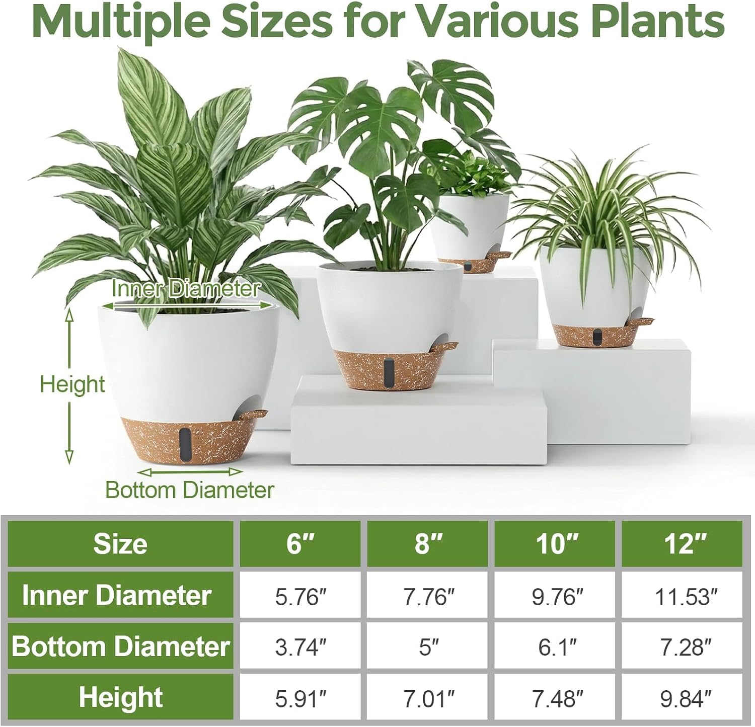Plant Pots, 12" 10" 6" 8" Inch Self Watering Pots with Water Level Indicator, Set of 5 Flower Pots Indoor with Drainage