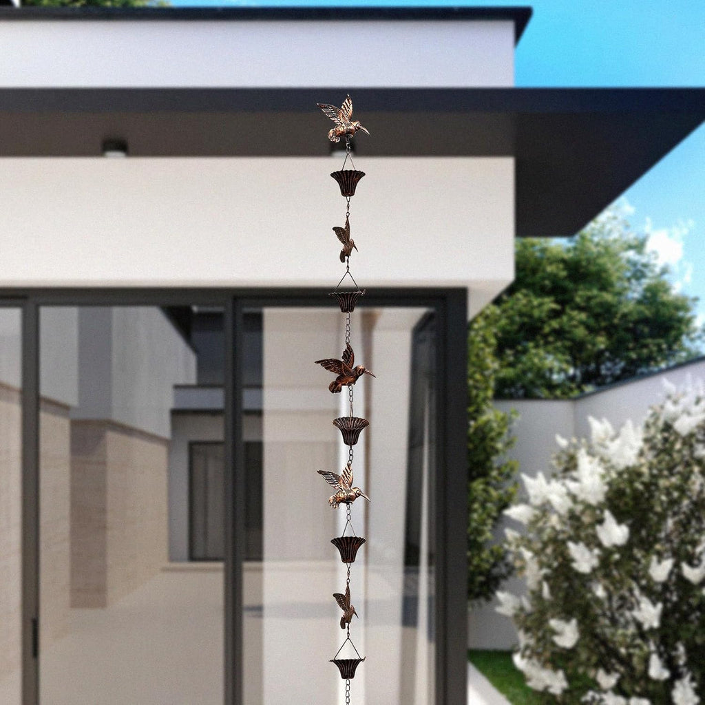 Rain Chain for Gutters,8.5FT Rain Catcher Chain for Outside with 7 Metal Cups & Hummingbird Decor,Adjustable Hanging