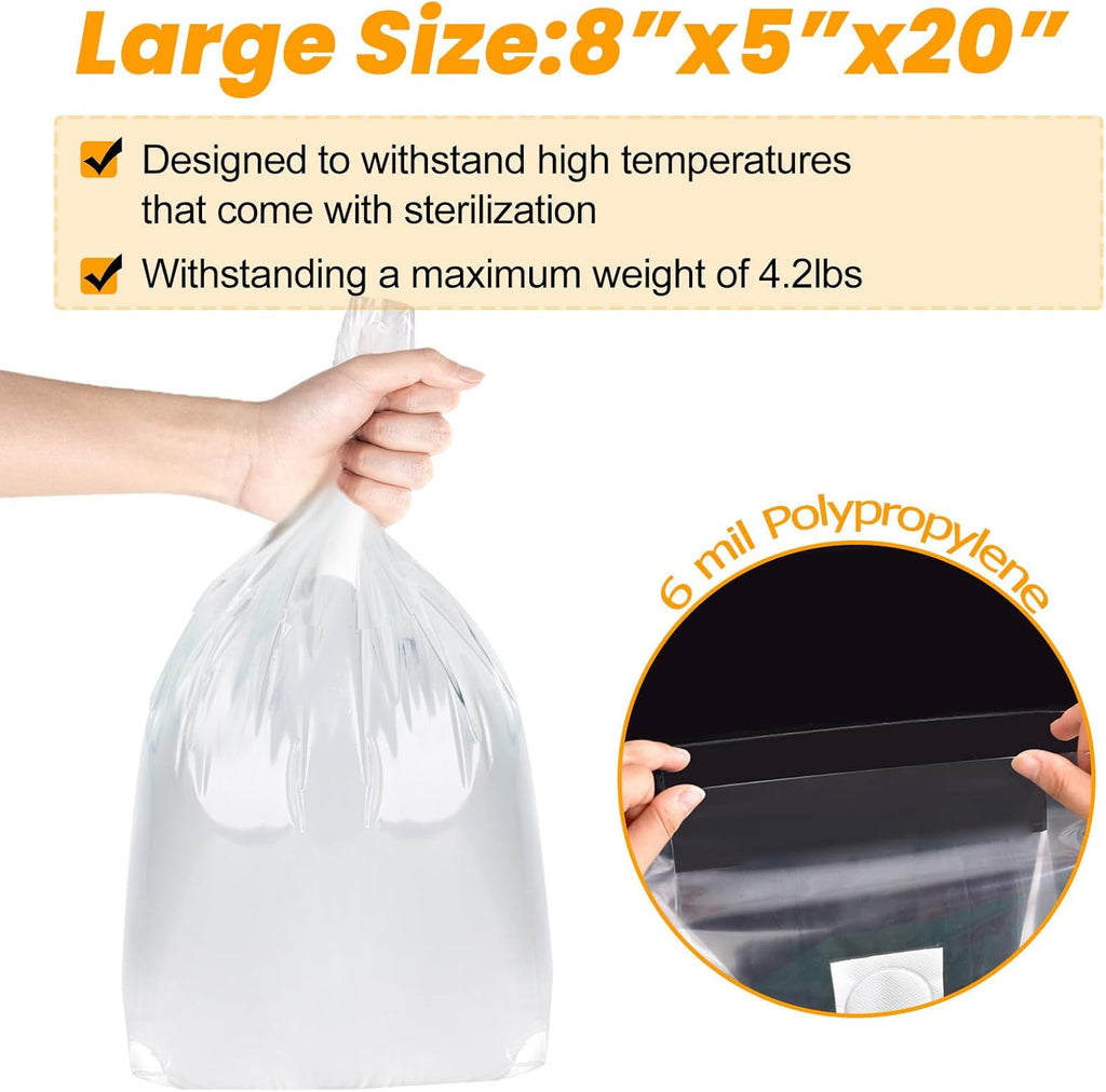 100PCS Mushroom Planting Kit - 8"5"20" Thickened Growing Bags, 6 Mil Thick Durable, Tear Resistant, 0.2 Micron Porosity