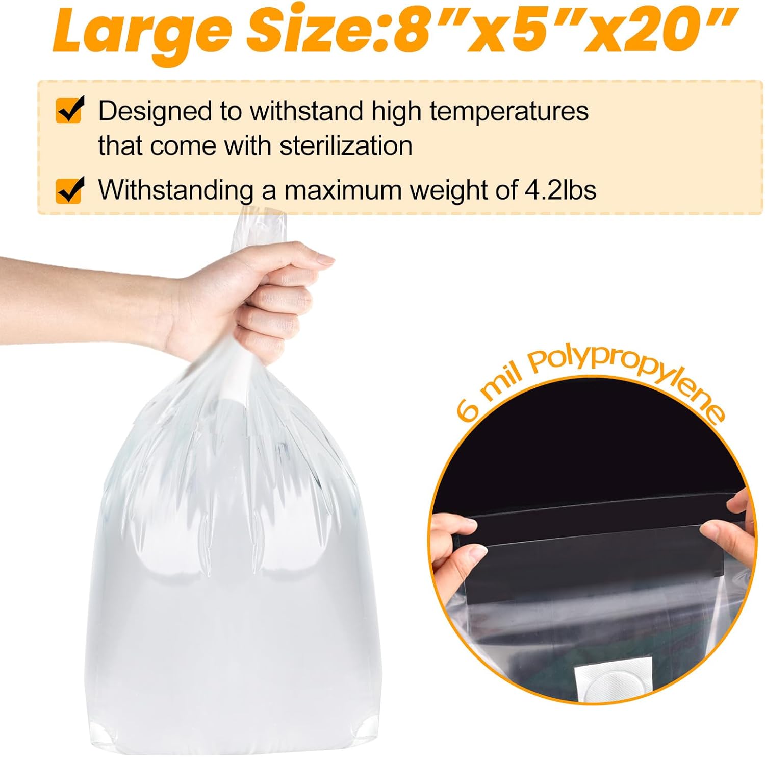 100PCS Mushroom Planting Kit - 8"5"20" Thickened Growing Bags, 6 Mil Thick Durable, Tear Resistant, 0.2 Micron Porosity