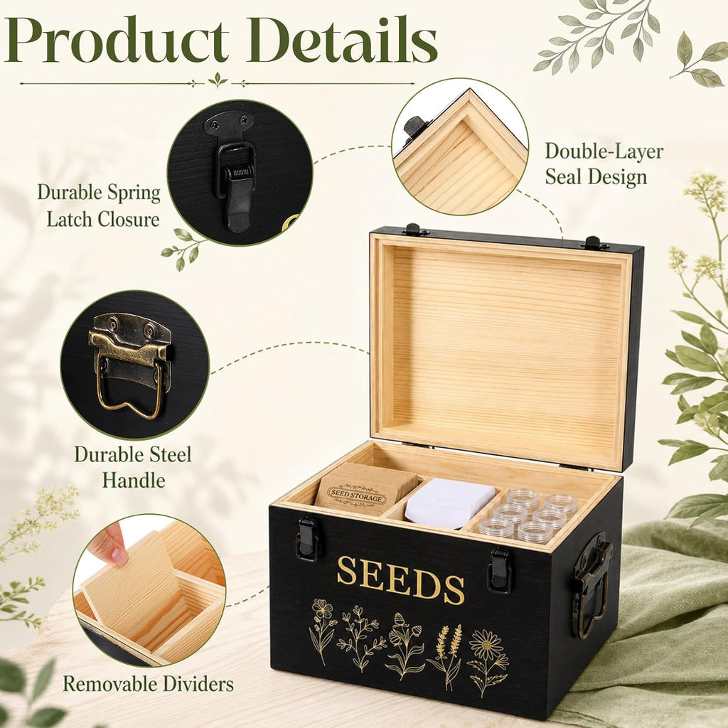 Bamboo Wood Seed Storage Organizer Box with 30 Slot & Envelopes & Labels, 40 Stickers and Pen, Seed Saving Box with Lid