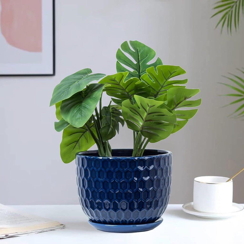 Ceramic Flower Pots with Drainage Hole and Saucer, North European Style Round Indoor Succulent Planters with Honeycomb