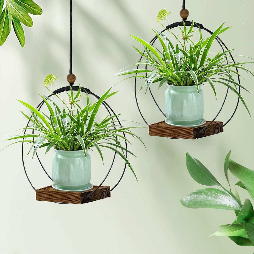 hismocal 2 Pack Hanging Planter for Indoor Plants, Black Plant Hanger with Sturdy Wood Base, Modern Boho Macrame