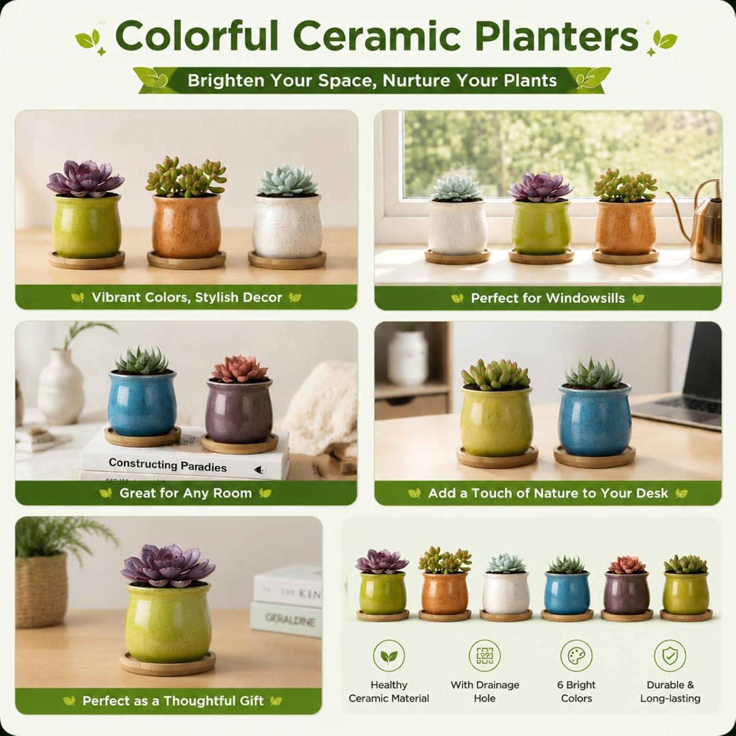 6-Pack 3 Inch Ceramic Succulent Pots with Bamboo Tray for Home Decor | Includes decorative stickers and cards creating