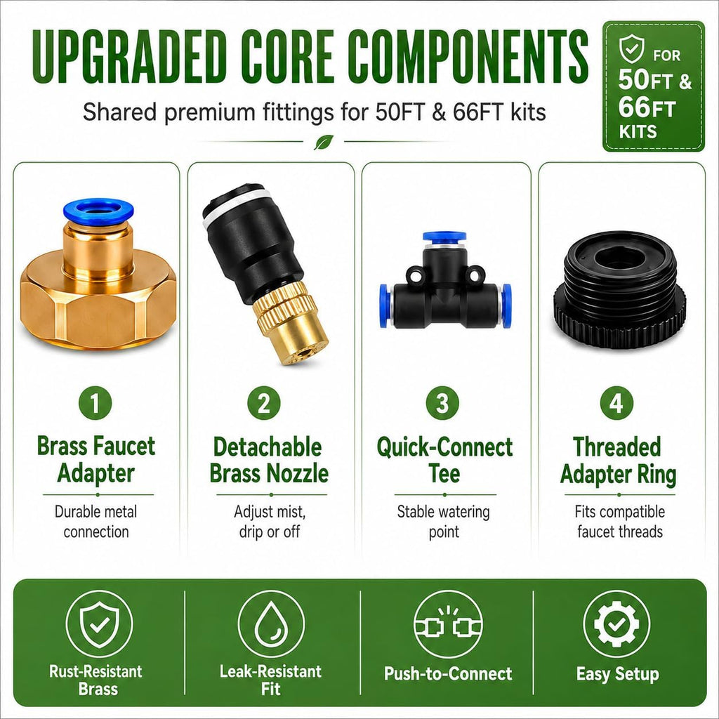 66FT 5/16" Garden Watering Kit with 22 Brass Nozzles | 22 brass nozzles, 5/16" tubing, brass faucet adapter