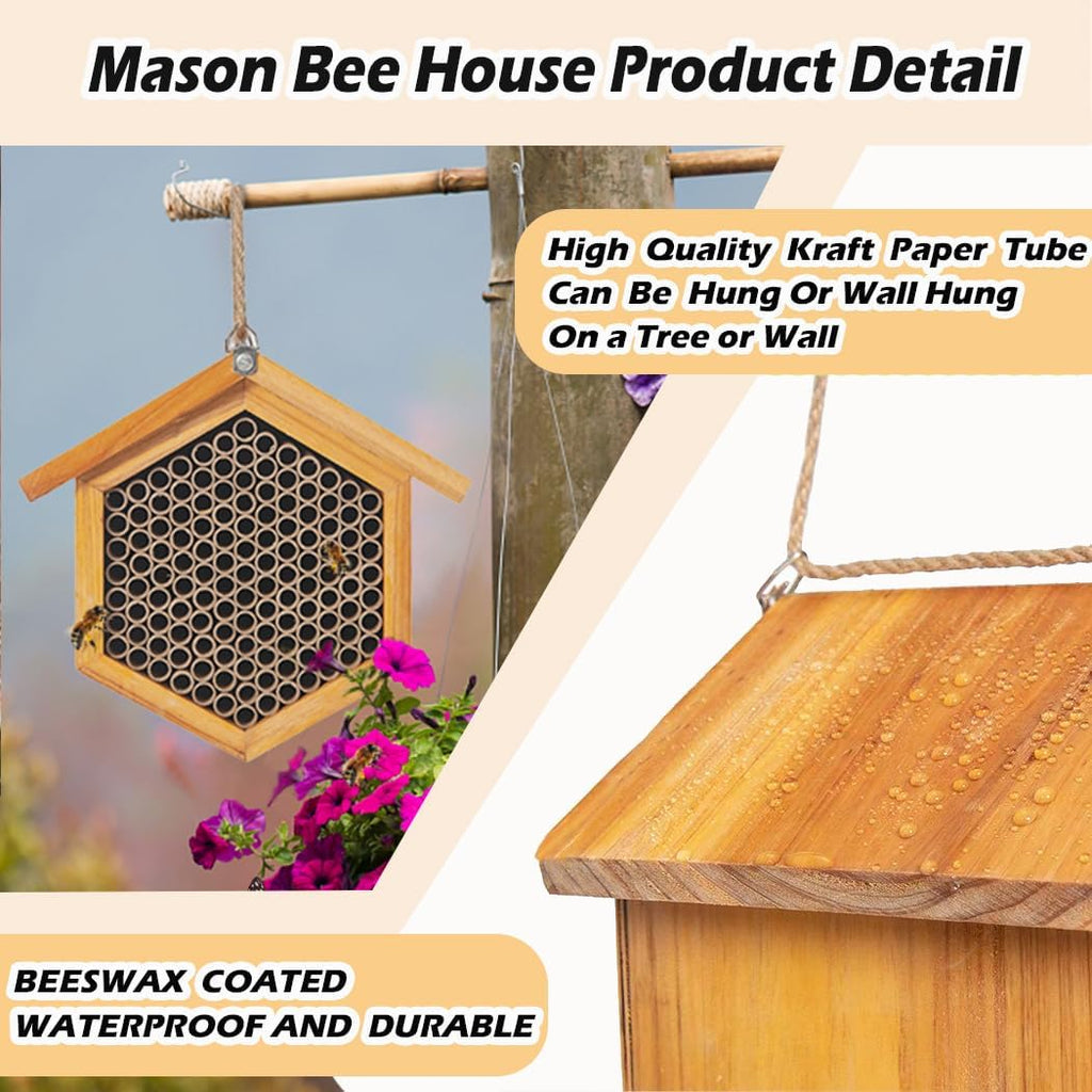 Mason Bee House Wax Coated Bee Hotel, Pollinator House,Natural Handmade Wooden Mason Bee Hotel for Pollinating Bees