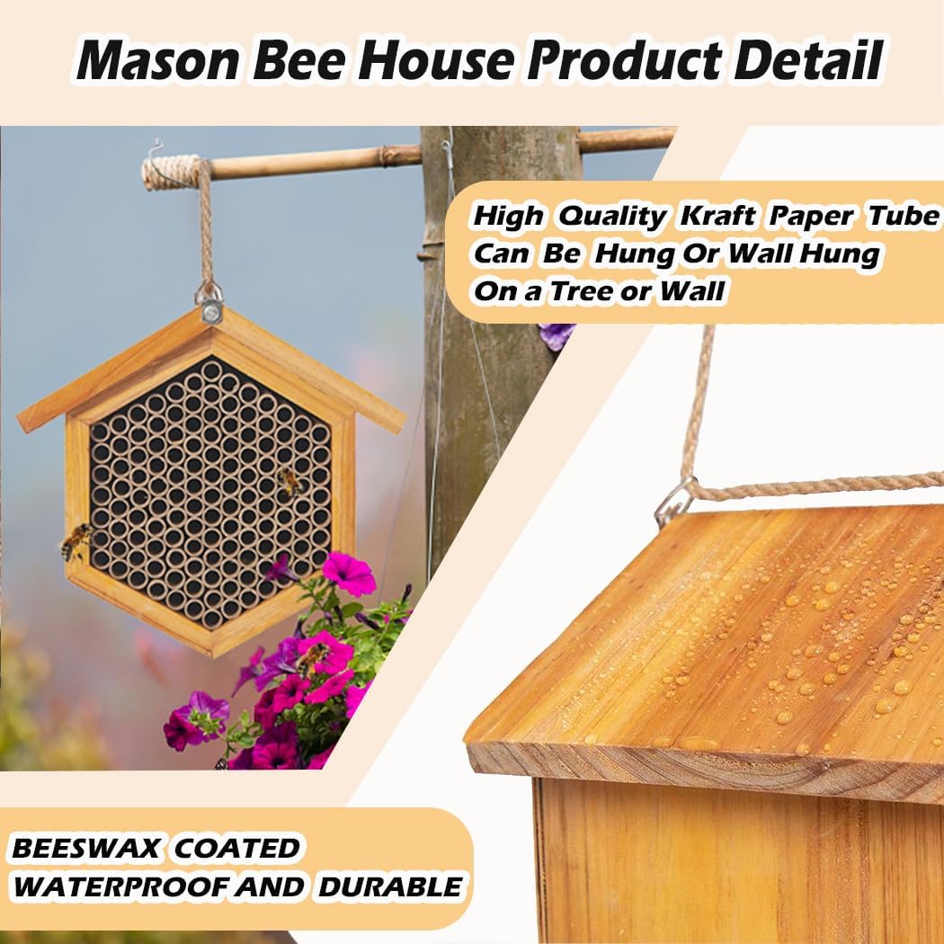 Mason Bee House Wax Coated Bee Hotel, Pollinator House,Natural Handmade Wooden Mason Bee Hotel for Pollinating Bees