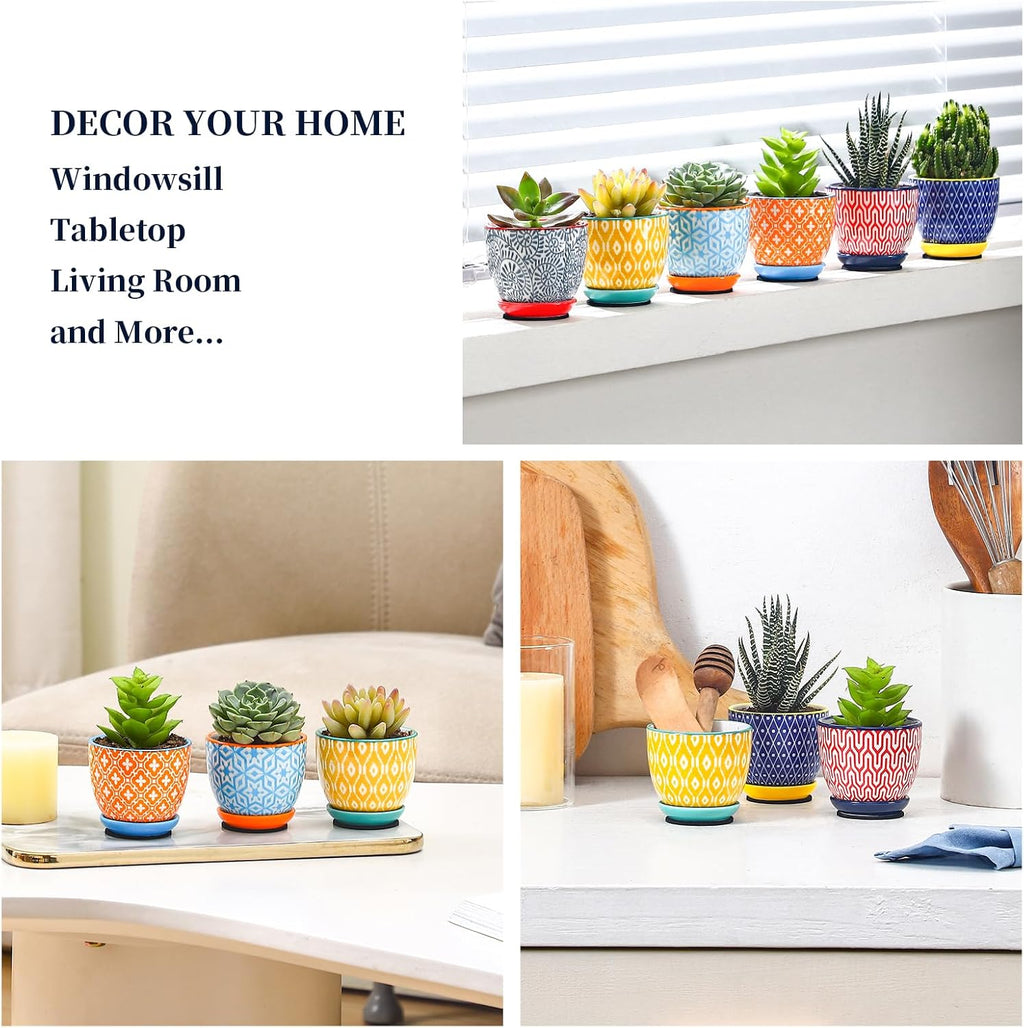 Selamica Ceramic 2.4 Inch Succulent Pots, Mini Flower Pots for Cactus Plant with Drainage Holes & Saucers, Home Decor