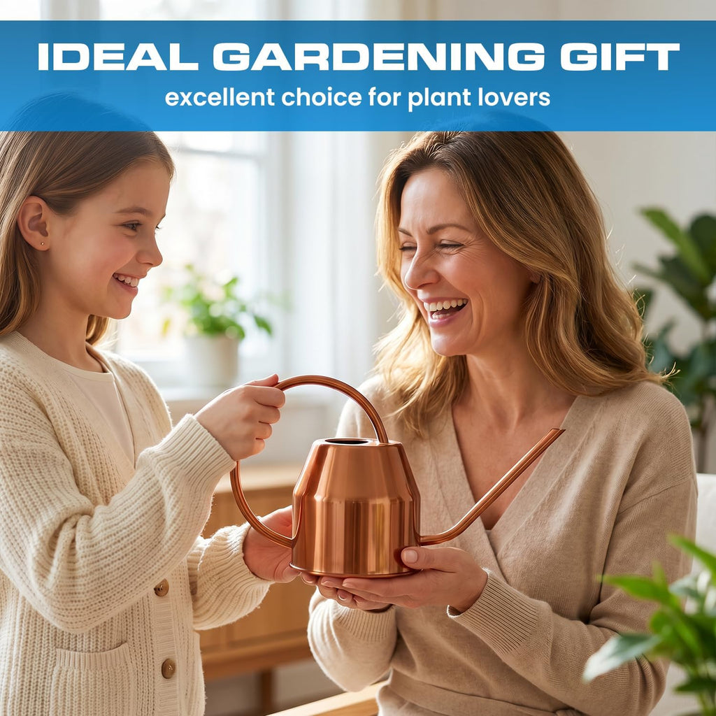 Plexon Rose Gold Metal Watering Can Indoor Plants 40 oz, Stainless Steel Long Spout Watering Can Outdoor House Plant