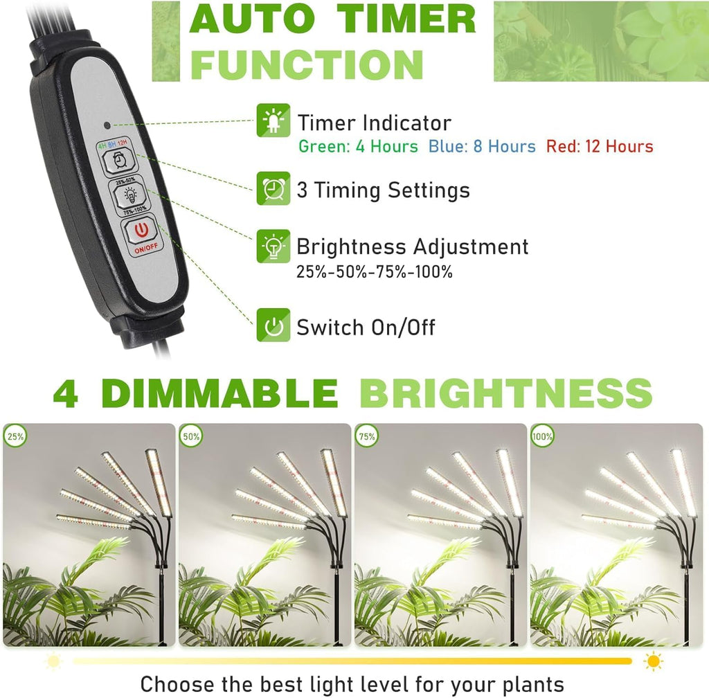 FOXGARDEN Grow Lights for Indoor Plants 5-Head Full Spectrum with Tripod Stand, Timer, Dimmable Flexible Goosenecks for