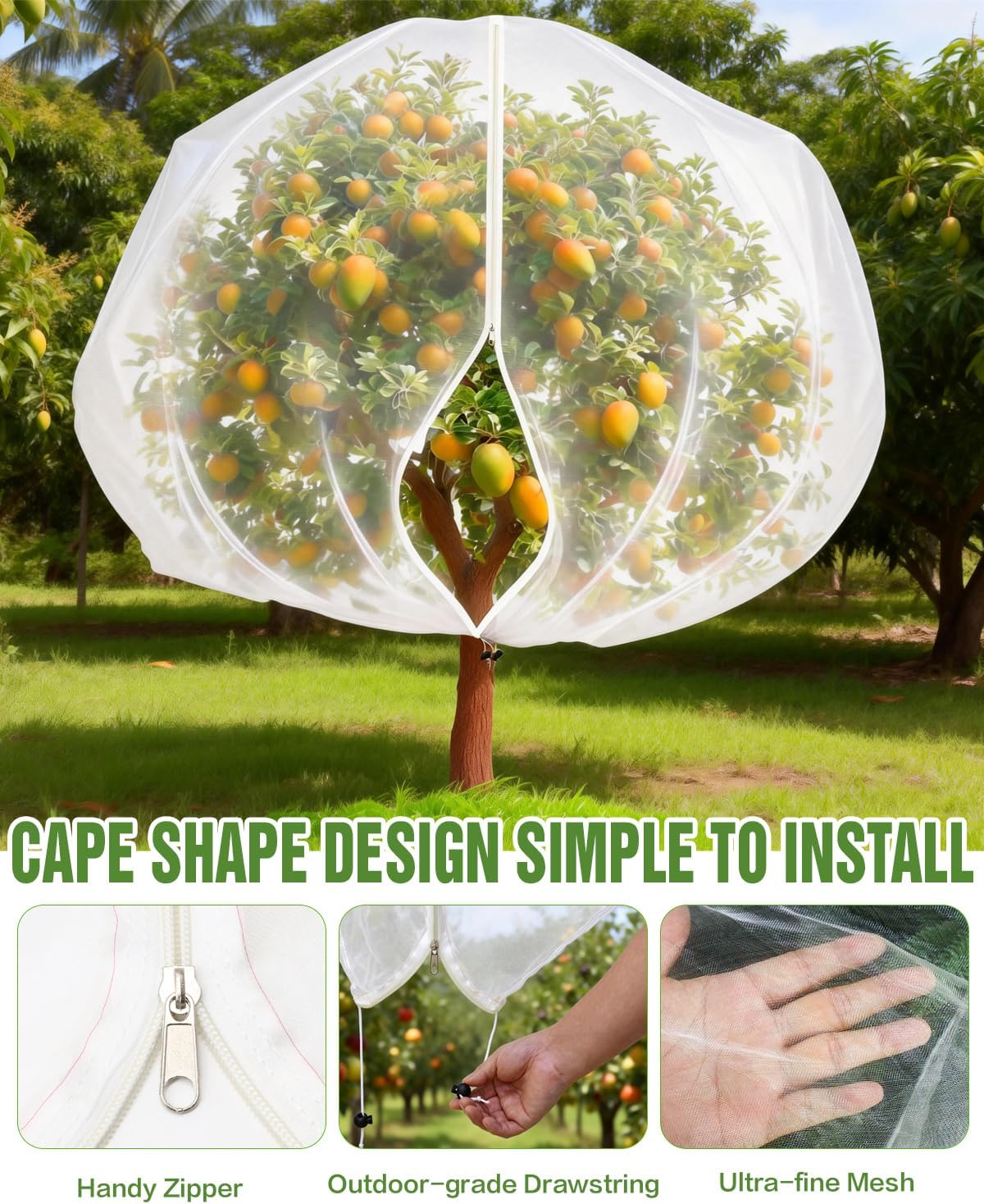 2 Packs 10x10FT Fruit Tree Netting with Zipper, 60-Mesh PE Pest Barrier | Fruit tree protection bag, Netting for