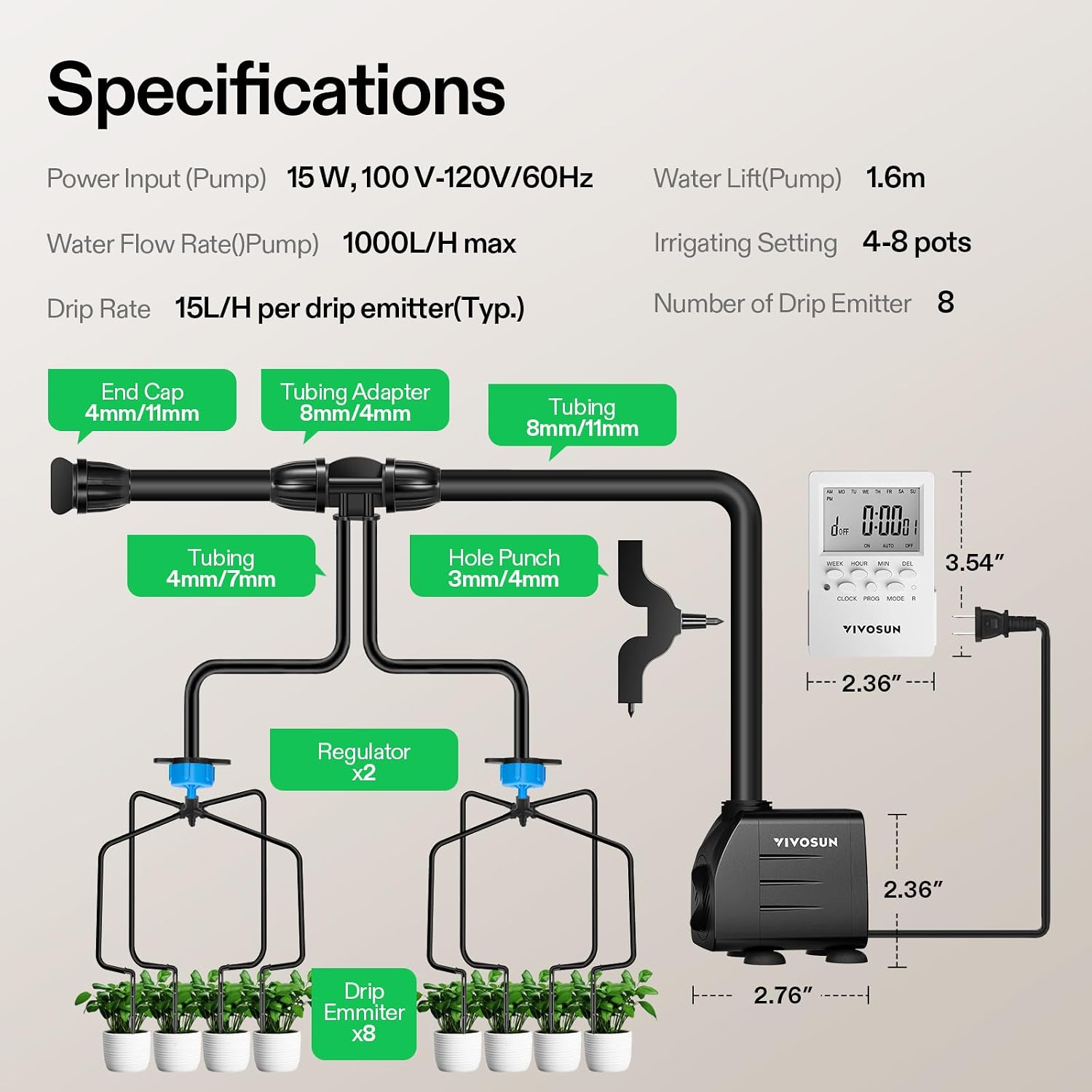 VIVOSUN Professional Automatic Drip Irrigation Kits, 15W Output, All in One Professional Grow Kit- Includes Pump, Timer