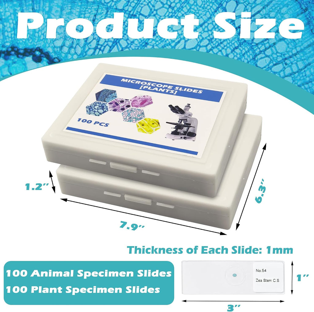 200 Packs Microscope Slides, 100 Plants & 100 Animal Tissues Includes Labels and Case for Biological Science Education