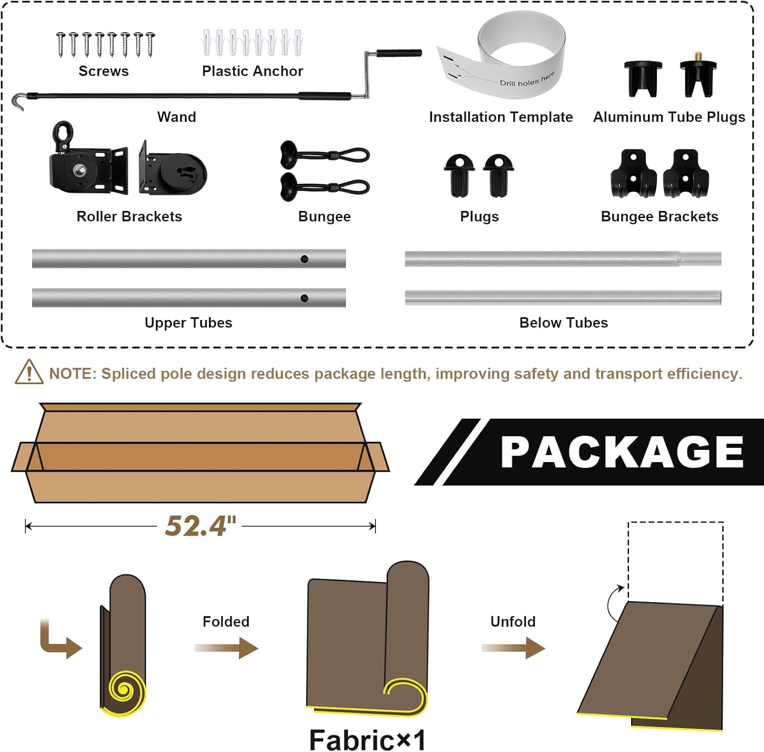 Outdoor Roller Shade 8' W x 8' H, Gray Exterior Cordless Patio Shades Roll Up Blinds with Spliced Pole Design, (2