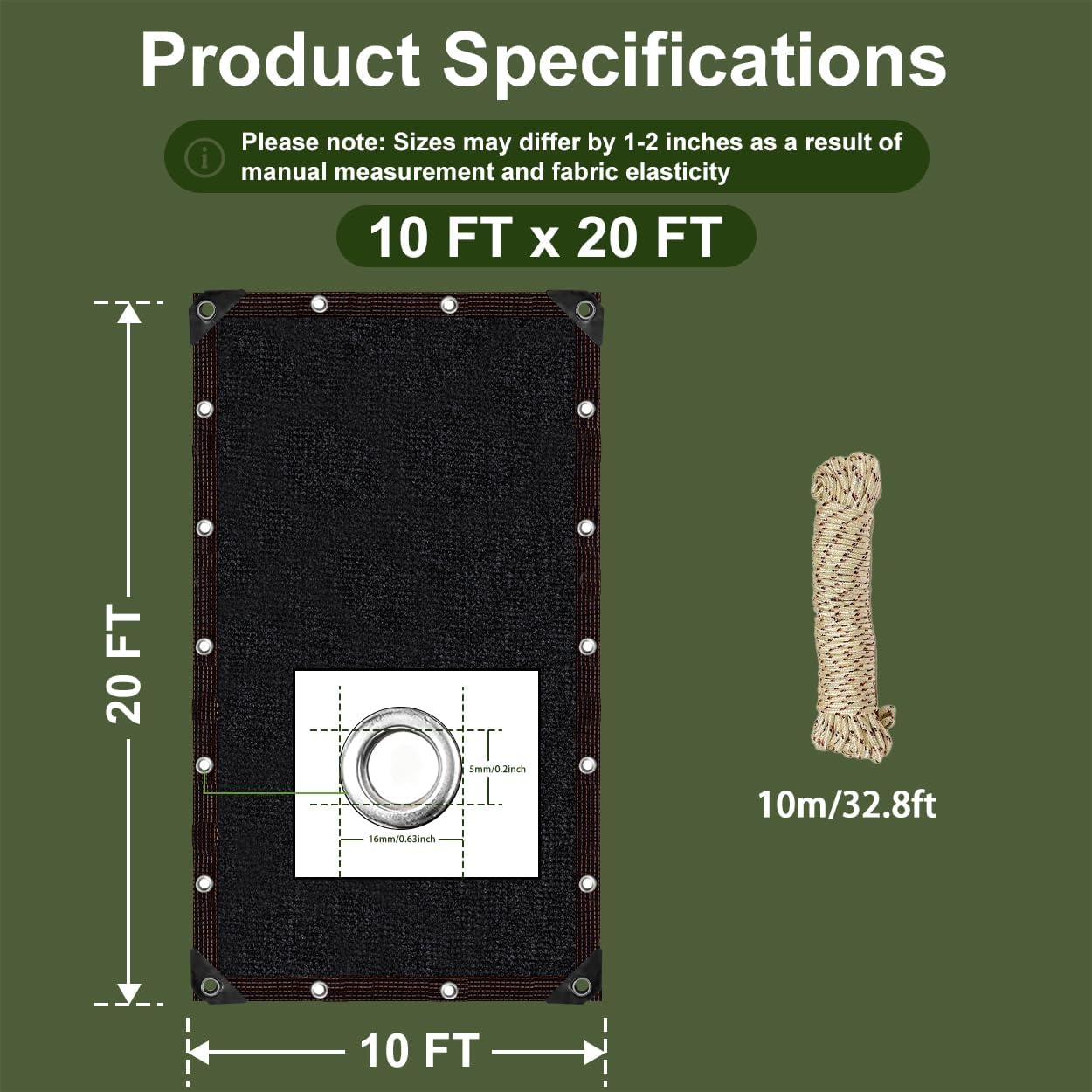 Shade Cloth for Garden, 90% Shade Tarp with Grommets, 10x20FT | Mesh Tarp Sun Screens for Patio, Outdoor, Garden