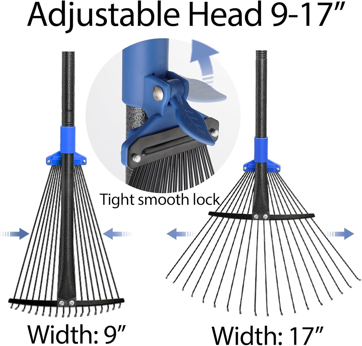 Adjustable Metal Leaf Rake Long Handle, Garden Rakes for Lawns Heavy Duty Leaves with Expandable Head 8-17", Yard Women