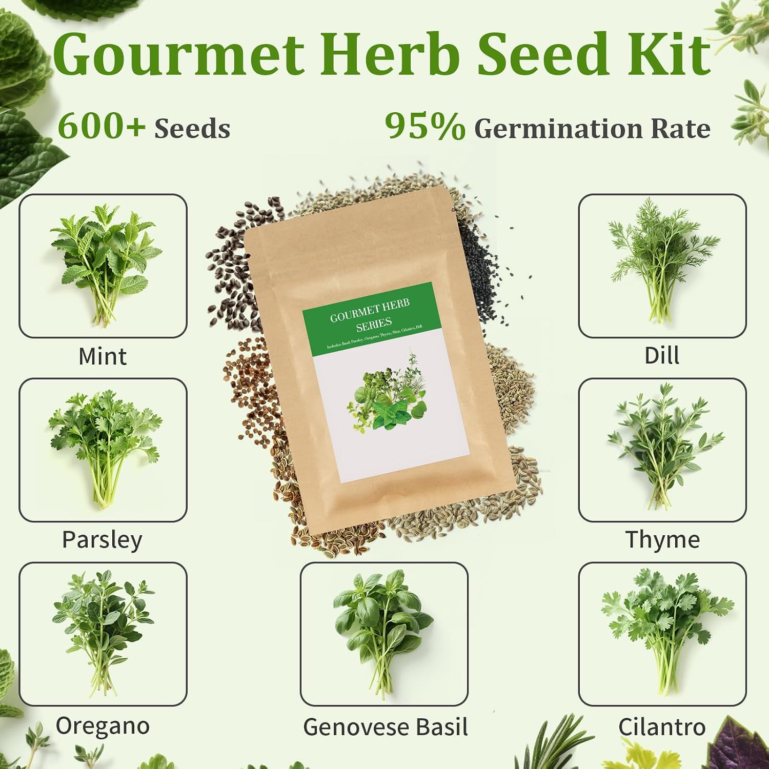 10-Set Indoor Herb Garden Starter Kit, 7 Seeds Growing into Basil, Parsley, Thyme, Mint, Cilantro, Dill, Oregano