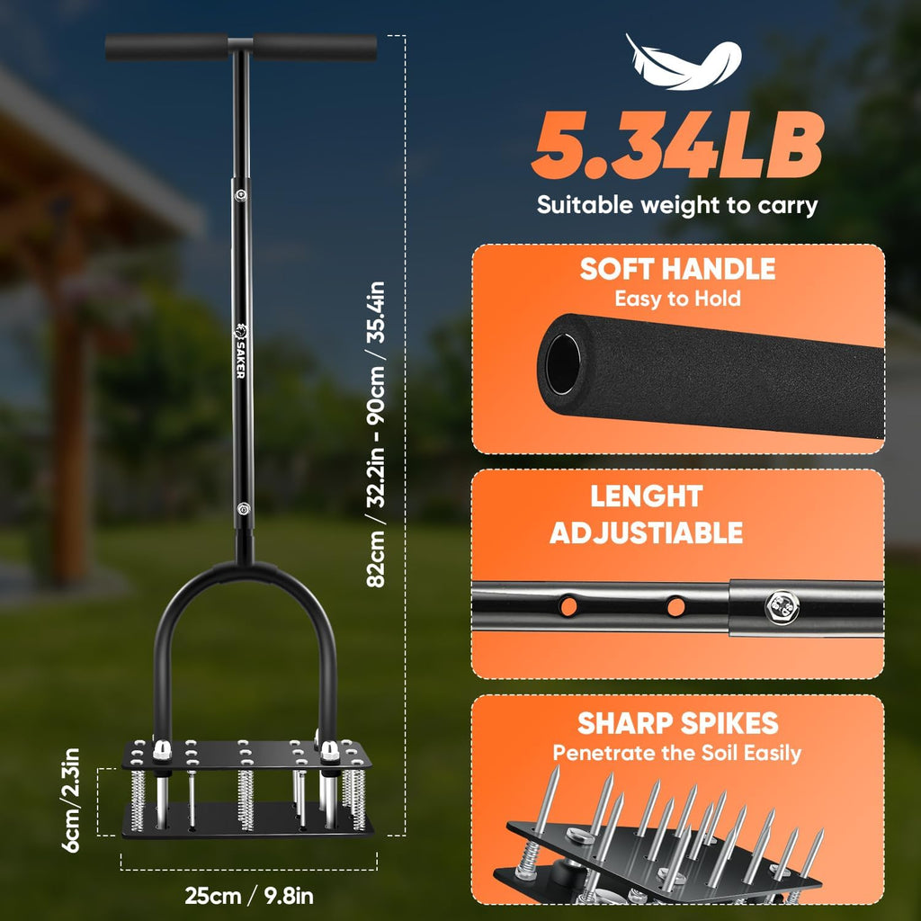 Saker Manual Lawn Aerator Tool with 15 Iron Spikes Black | Double-Layer Soil-Ejecting Spring, Adjustable