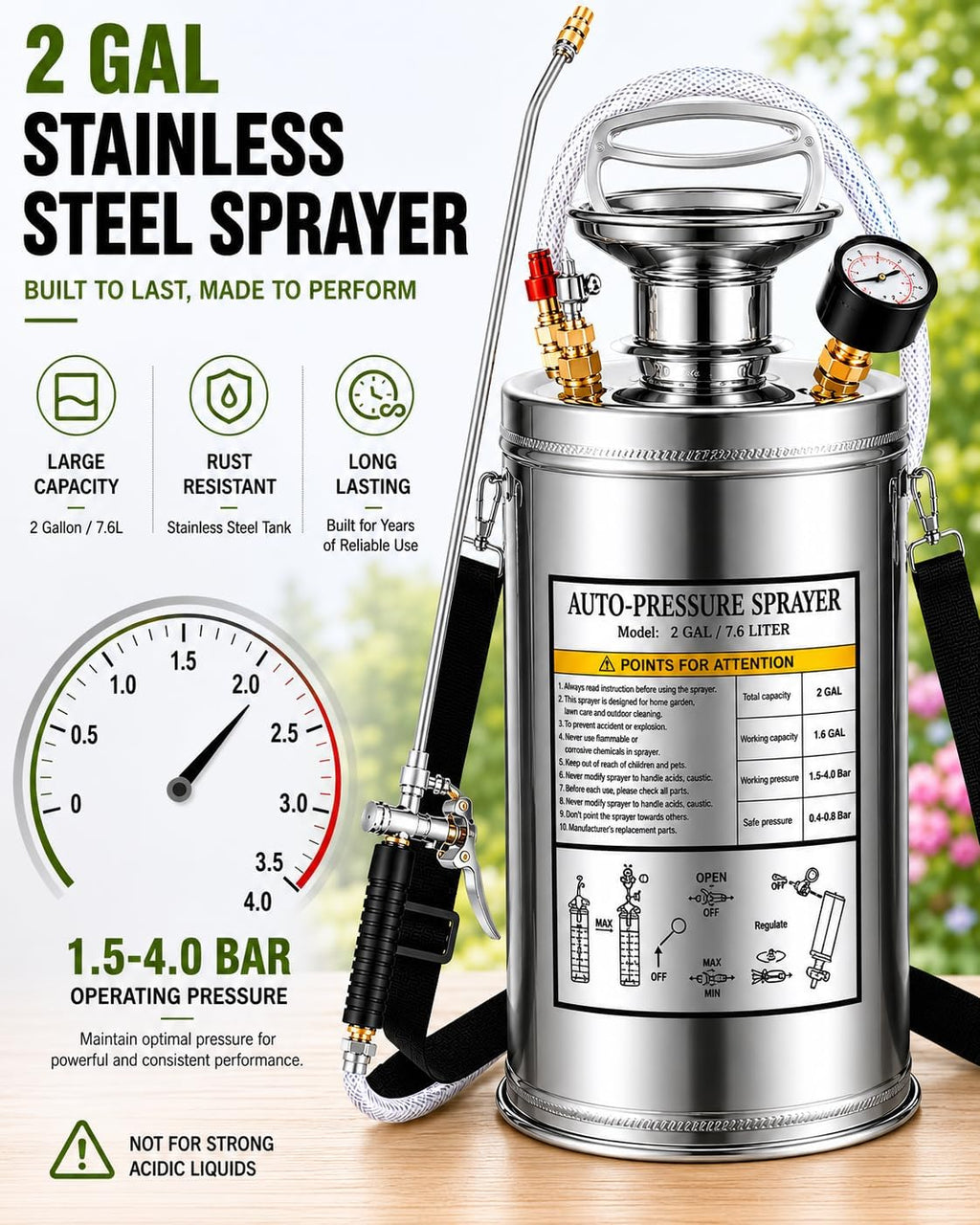 2Gal Stainless Steel Pump Up Sprayer Reinforced Hose, Hand Pump Sprayer with Pressure Gauge&Safety Valve, Adjustable