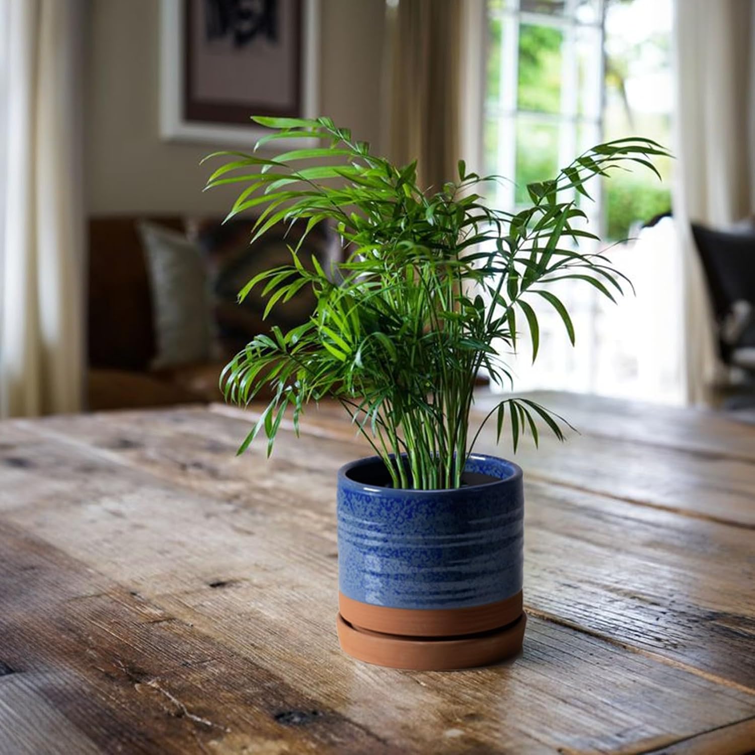HERDUK 6 Inch Plant Pots, Ceramic Planter Pot with Drainage Hole & Saucer, Indoor/Outdoor Cylinder Round Planter Pot