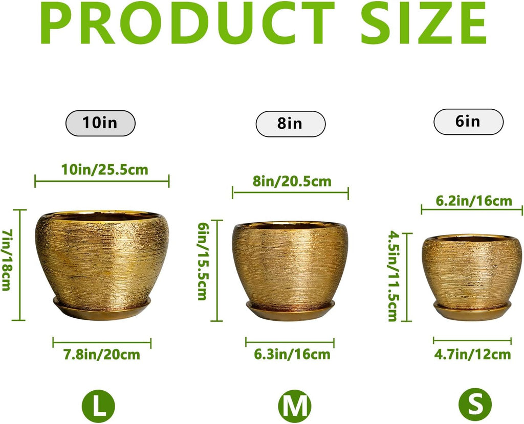 Flower Pots for Indoor & Outdoor Plants - Ceramic Pots 10 Inch, 8 Inch, 6 Inch with Drainage Holes, Saucers