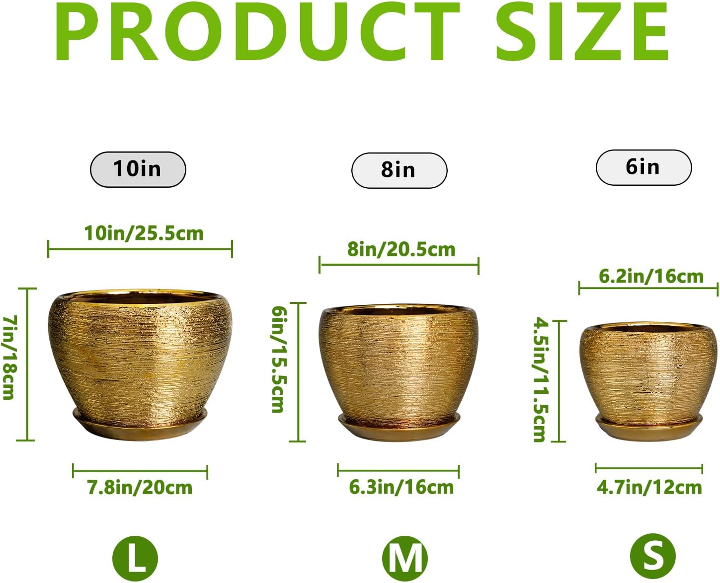 Flower Pots for Indoor & Outdoor Plants - Ceramic Pots 10 Inch, 8 Inch, 6 Inch with Drainage Holes, Saucers