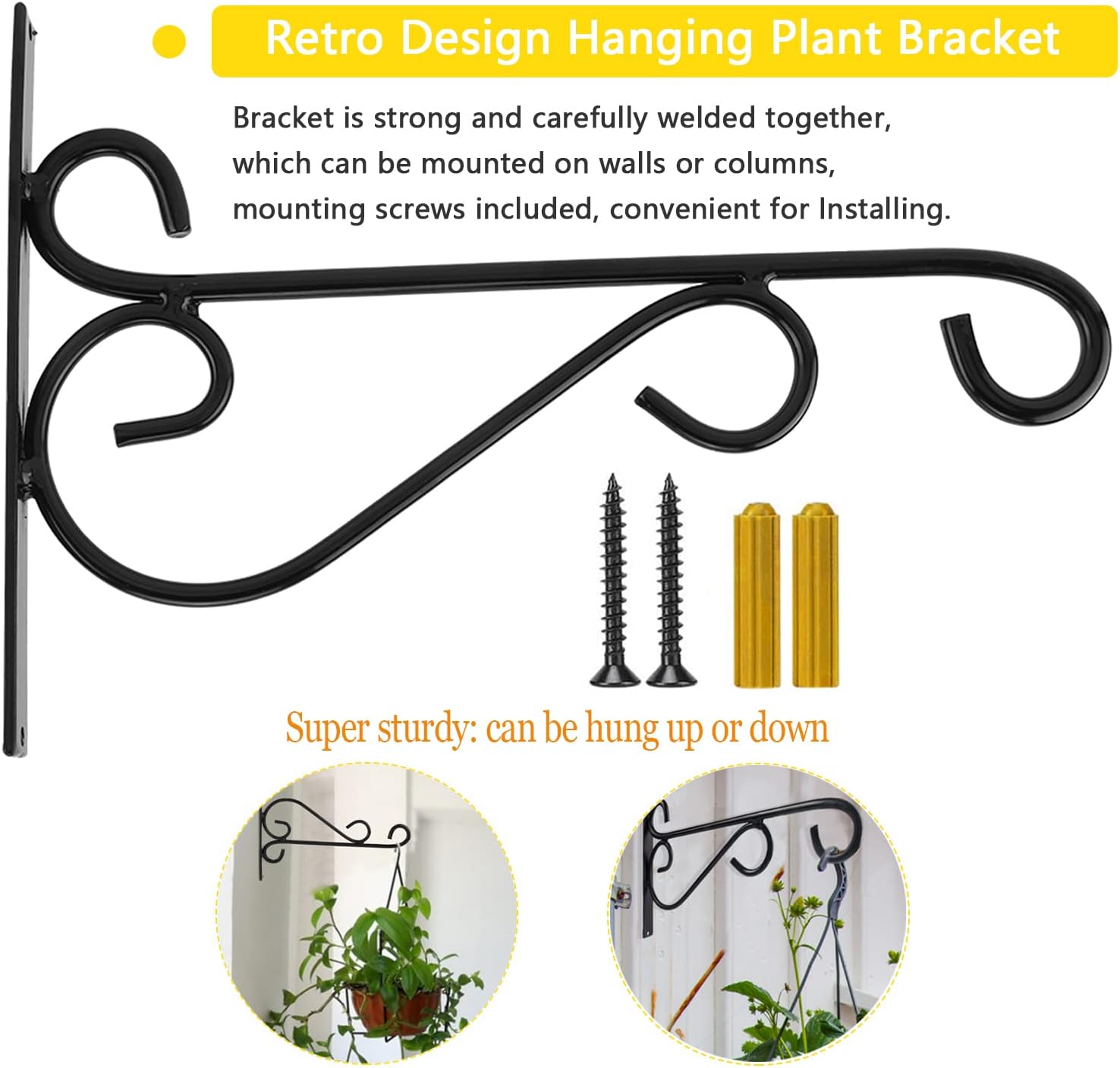 Hanging Plant Brackets, 2pcs 12 Inch Heavy Duty Wall Mount Bracket Strong Durable Rust-Resistant Plant Hanger Hook with