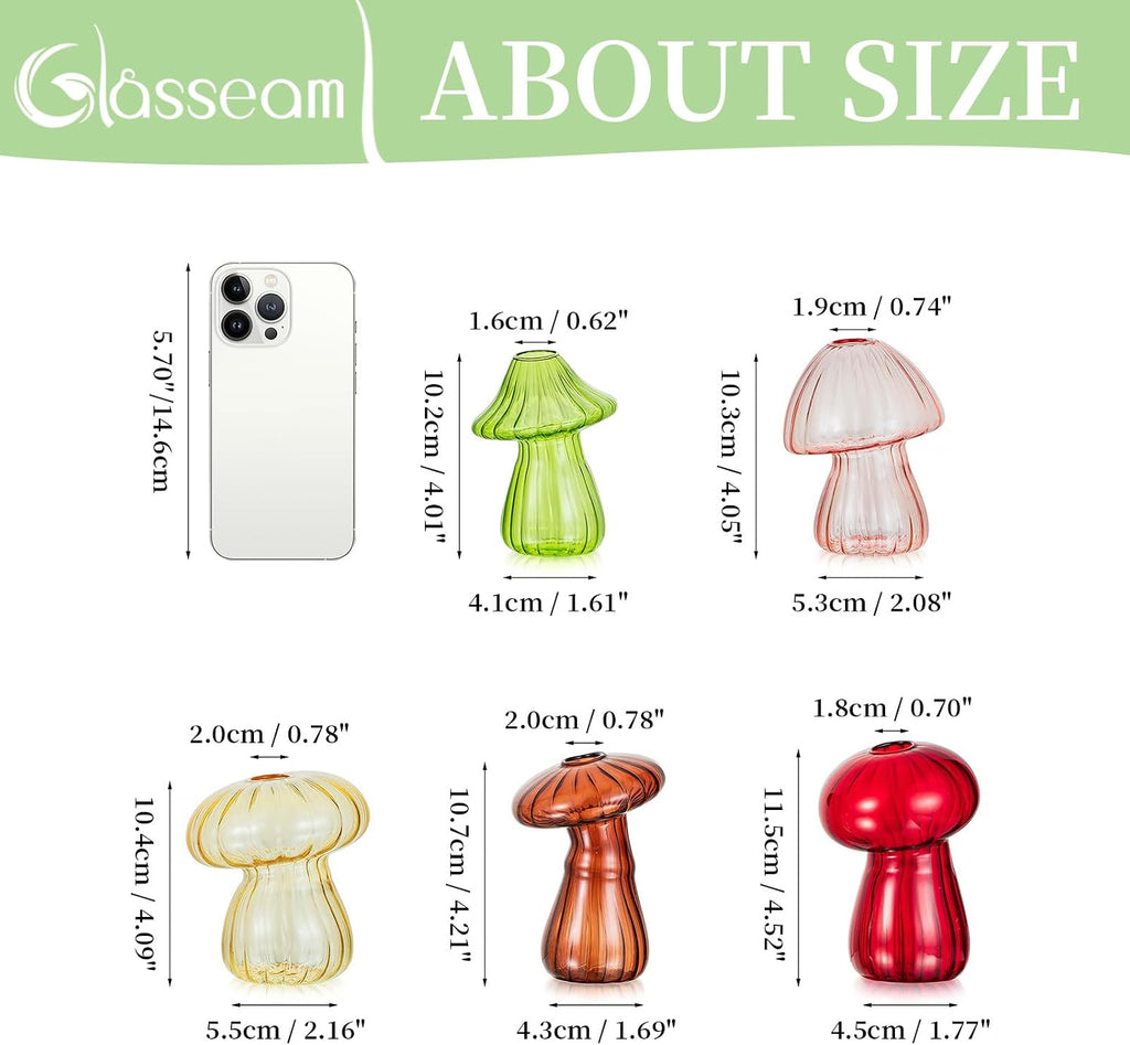 Glasseam Mushroom Plant Propagation Station, Set of 5 Glass Terrarium Jars | Colorful Handmade Small Hydroponic