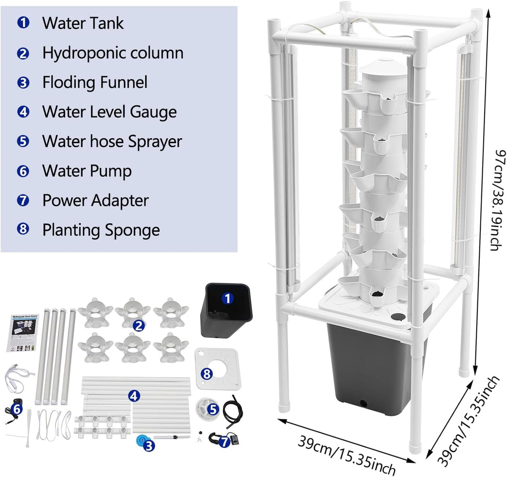 Hydroponic Tower Growing System Kits with LED Grow Lights 30 Pods Indoor Vertical Planter Germination Kit 6 Layers