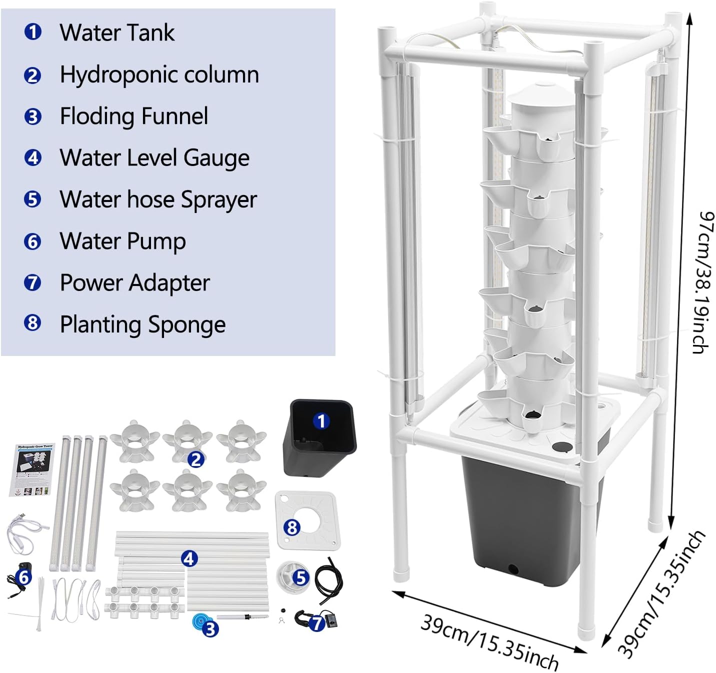 Hydroponic Tower Growing System Kits with LED Grow Lights 30 Pods Indoor Vertical Planter Germination Kit 6 Layers