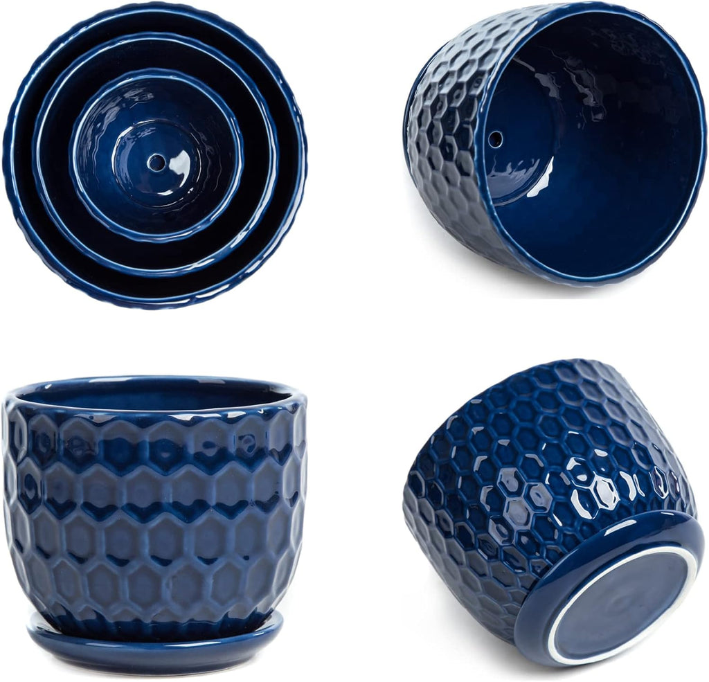 Ceramic Flower Pots with Drainage Hole and Saucer, North European Style Round Indoor Succulent Planters with Honeycomb