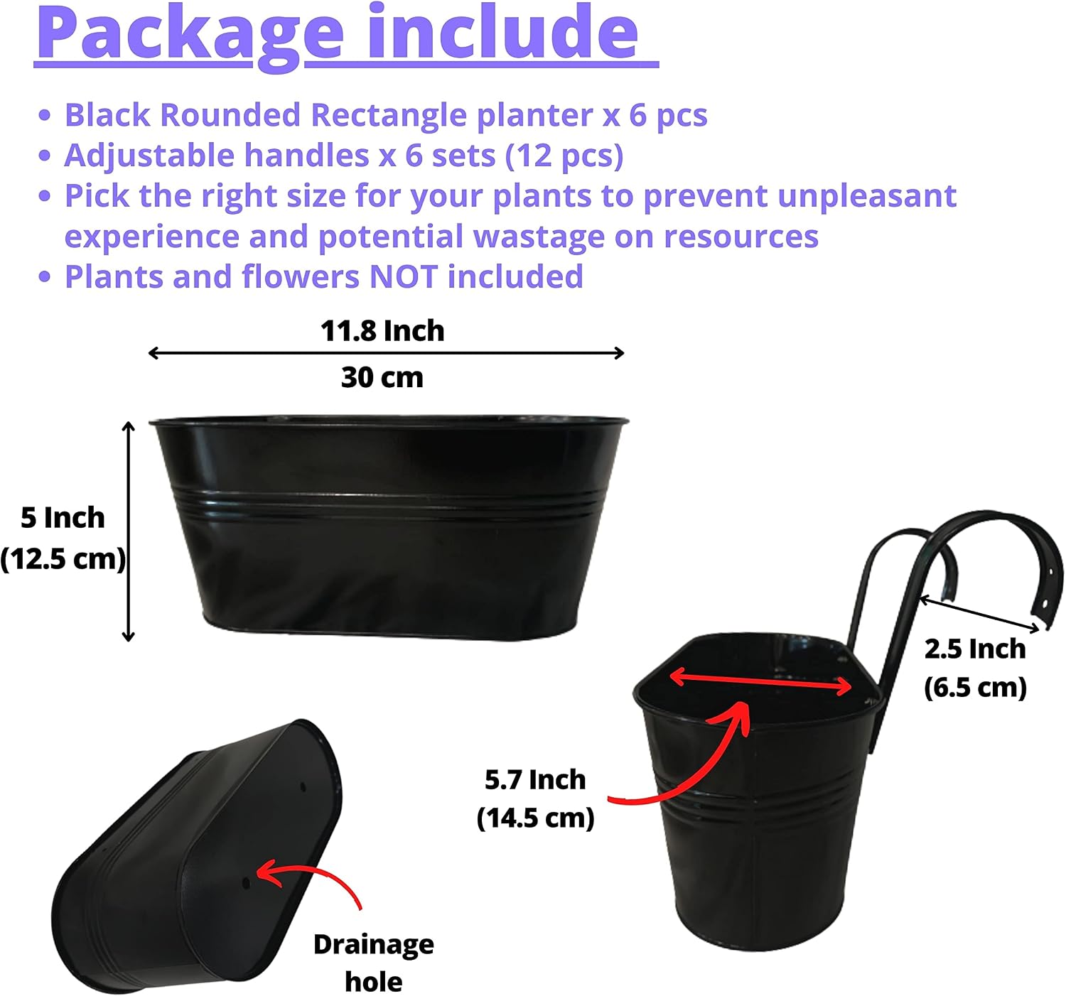 LaLaGreen Outdoor Rail Planter (11.8 Inch, 6 Pack) Black Metal Iron Hanging Flower Pots Deck Railings Fence Buckets