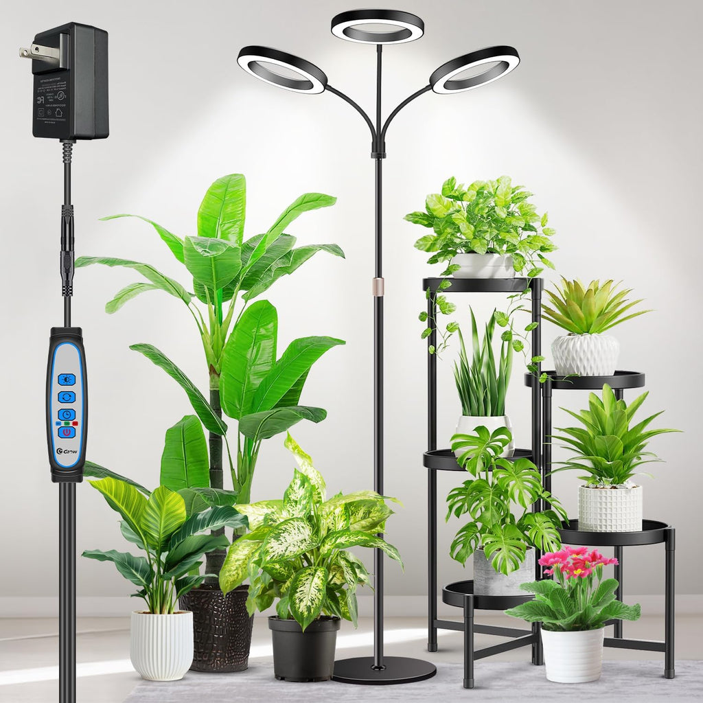 Aumtrly 3 Head Black Floor Grow Light for Large Tall Indoor Plants Growing