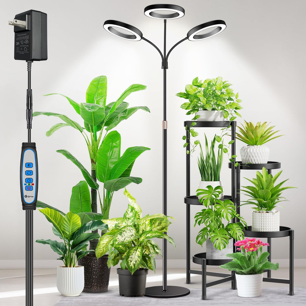 Aumtrly 3 Head Black Floor Grow Light for Large Tall Indoor Plants Growing