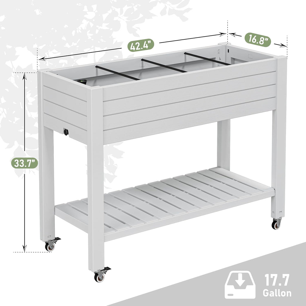 Elevate 33.7" Tall Raised Garden Bed with Wheels, Divisible Resin Planter Box with Drainage Gauge & Storage Shelf, Herb