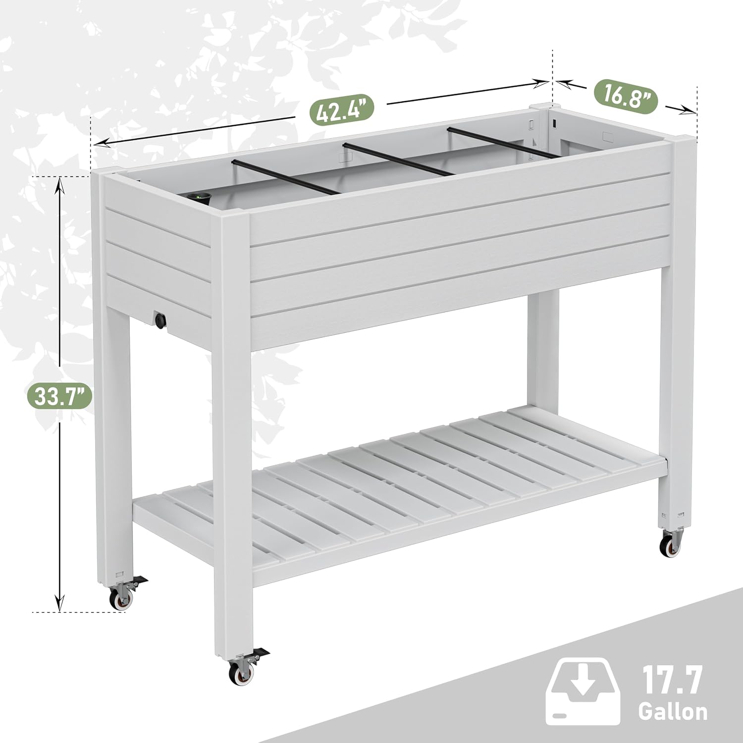 Elevate 33.7" Tall Raised Garden Bed with Wheels, Divisible Resin Planter Box with Drainage Gauge & Storage Shelf, Herb