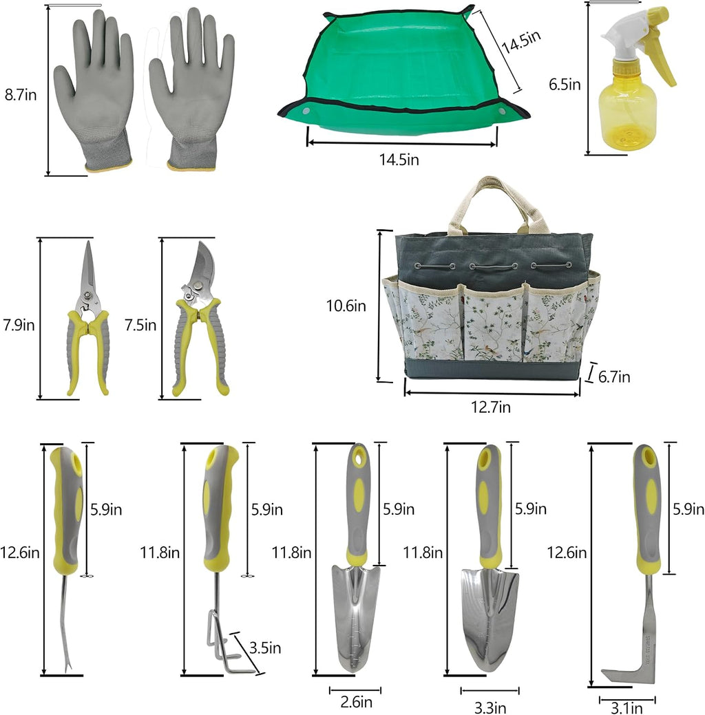 11-Piece Stainless Steel Gardening Tool Set with Floral Tote Bag | Includes 7 hand tools, gloves, spray bottle and
