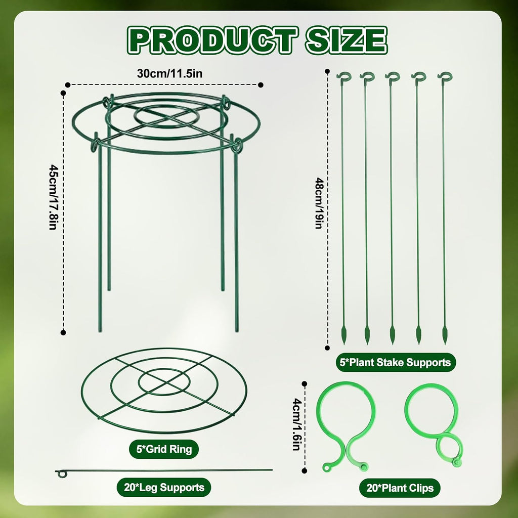 5 Pack Metal Peony Cages and Supports with 20 Plant Twist Clip Ties, Plant Support Stakes for Indoor Outdoor Plants
