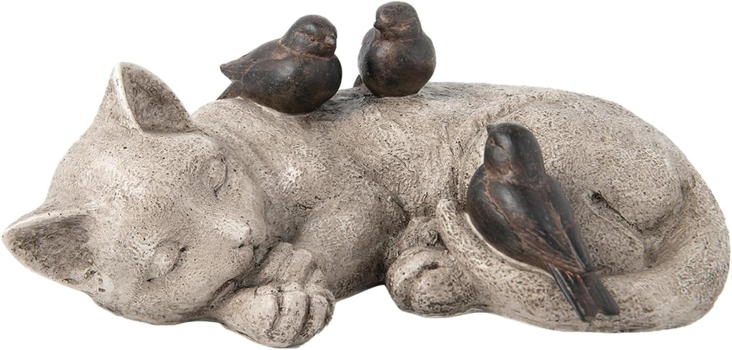 Sleeping Cat Garden Statues Outdoor - 12" Sparrows On Cat Figurine Memorial Statue Grave Markers Garden Resin Statues